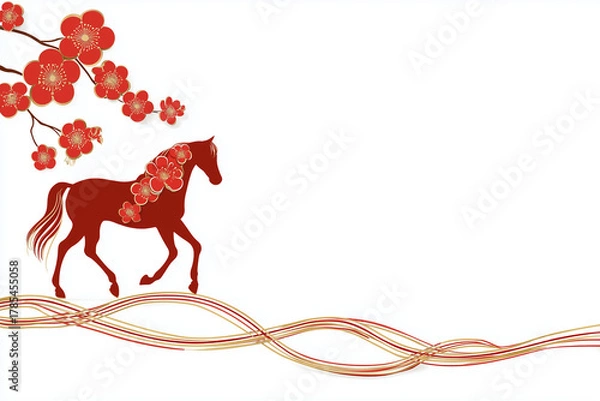 Obraz 馬と梅の花と赤の水引の年賀状素材