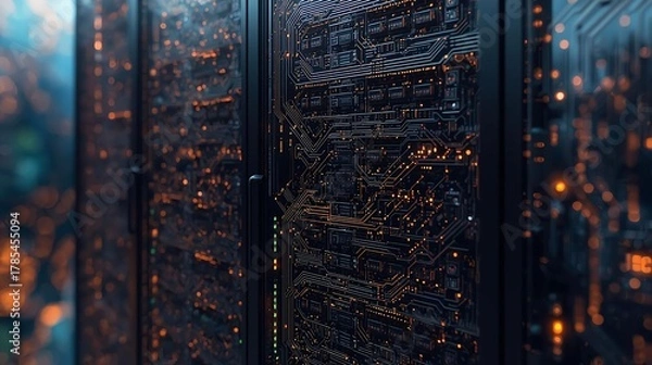 Fototapeta Printed circuit board futuristic server. Circuit board futuristic server code processing. 