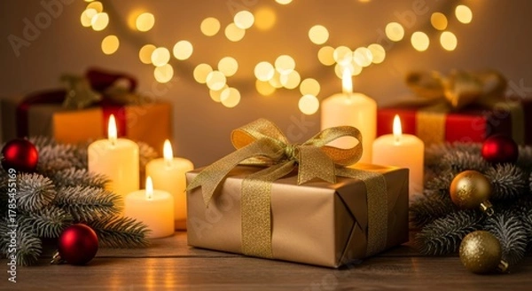 Fototapeta A captivating display of luminous candles, golden gifts, and festive
