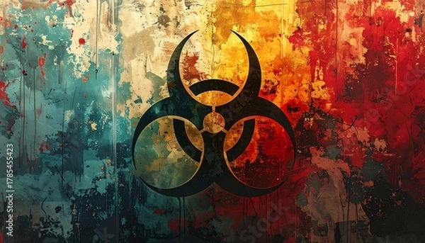 Fototapeta Bold biohazard symbol on a colorful, textured splatter background