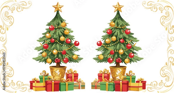 Obraz Two decorated Christmas trees with presents and gold ornate borders gifts ornaments
