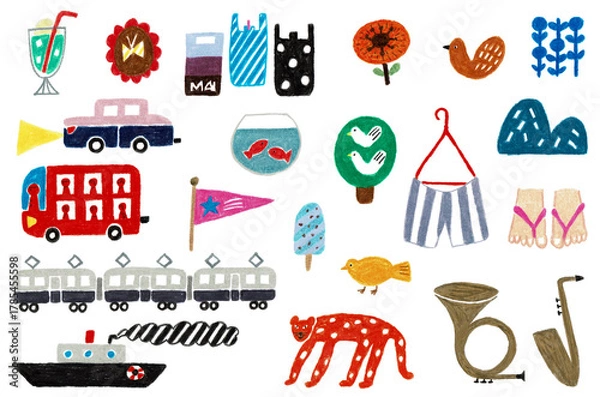 Obraz 手描きイラスト　カラフルで可愛い雑貨や動物や植物のイラスト