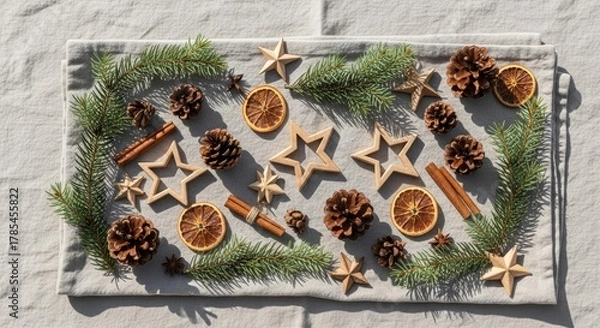 Obraz Rustic winter holiday decorations with pinecones, stars, and dried orange