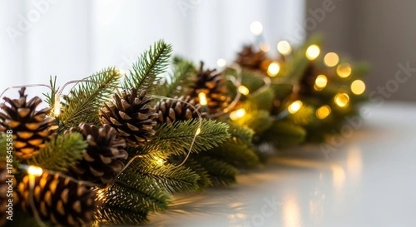 Fototapeta pinecones and warm string lights on festive evergreen branches for holiday cheer