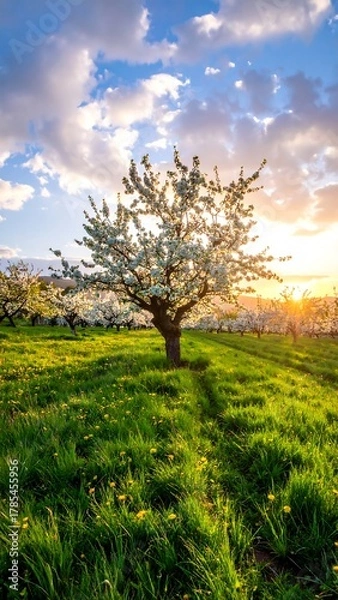Fototapeta Blossoming tree in a sunny field during springtime, with a vibrant sunset
