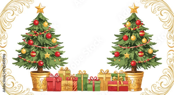 Obraz Two decorated Christmas trees with presents and gold ornate borders gifts