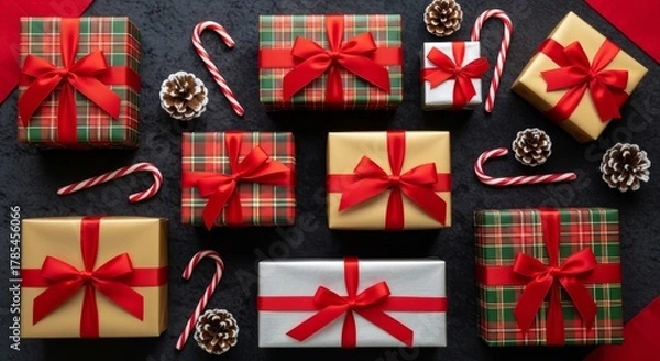 Fototapeta Vibrant assortment of gift boxes and festive adornments for holiday cheer