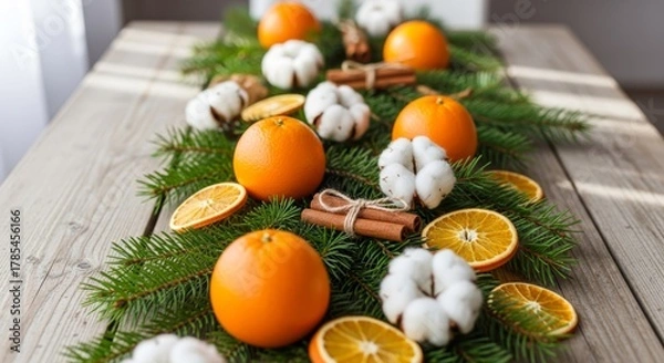 Fototapeta Rustic winter table decor featuring evergreens, oranges, and spices arrangement