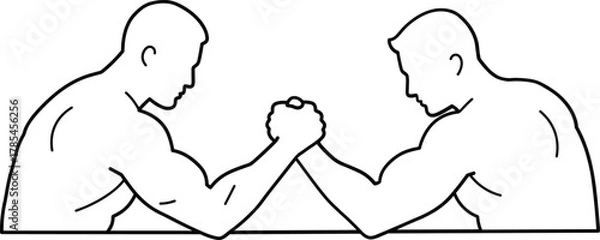 Obraz Two men arm wrestling in profile view black and white line art competition strength