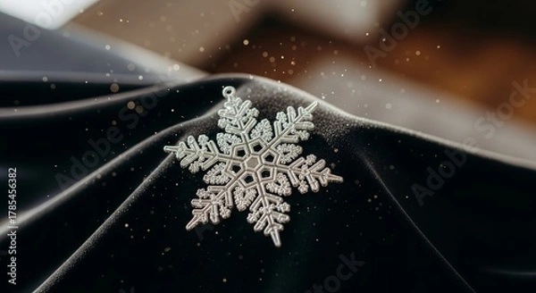 Fototapeta Sparkling silver snowflake ornament resting on elegant dark fabric