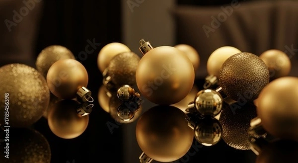 Obraz Golden ornaments reflecting on a dark surface creating festive ambiance