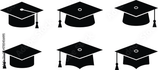 Obraz Six black graduation caps with tassels and mortarboards on white background academic education