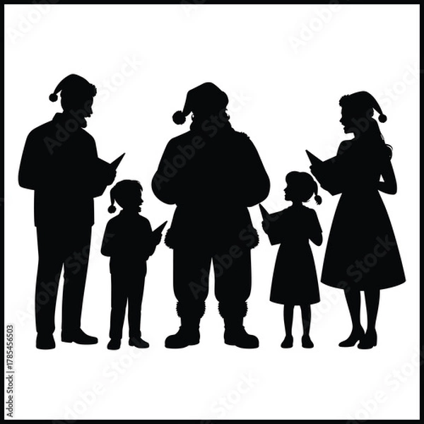 Fototapeta Santa Claus and a family of four standing together and singing Christmas carols