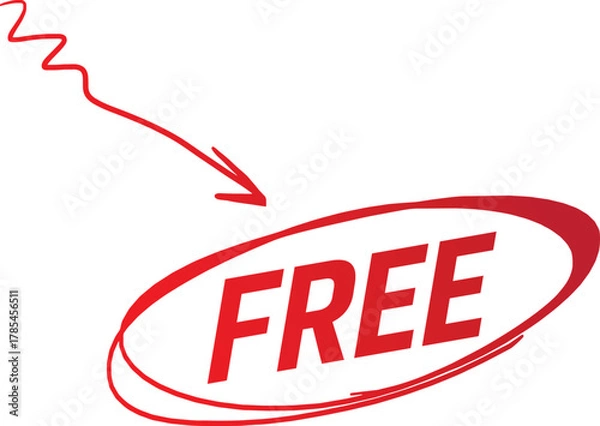Fototapeta Red oval tag with wavy arrow pointing to the word free