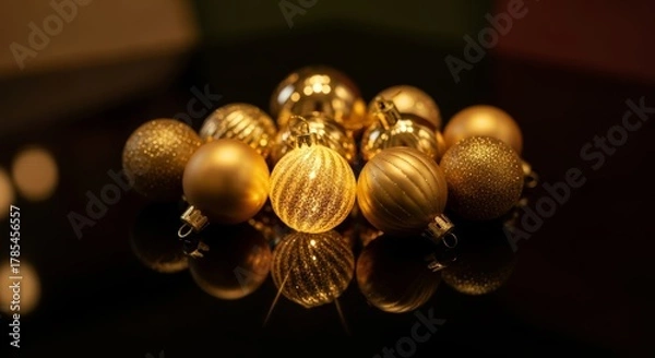 Fototapeta Radiant golden ornaments reflecting light on a dark surface, festive decorations