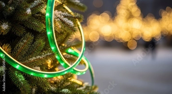 Obraz Vibrant green neon rope lights adorning evergreen branches during winter light
