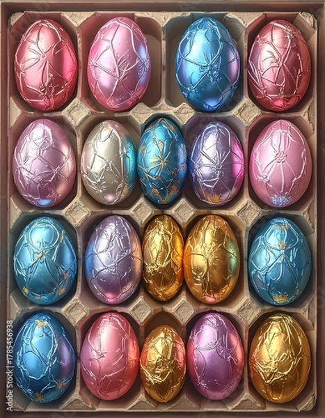 Fototapeta Box of decorative Easter eggs, diverse colors and intricate patterns