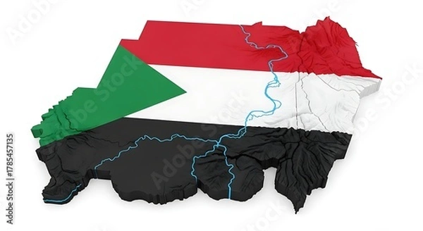 Fototapeta map of sudan with national flag colors, symbol of civil conflict, humanitarian crisis, and hope for peace.
