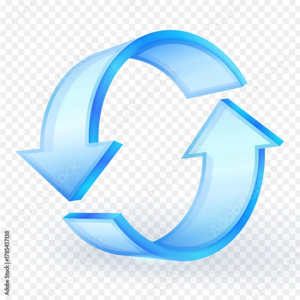 Fototapeta Glass blue 3D circular arrows icon representing refresh, reload, update, sync, and cycle process on a transparent background. Vector illustration.