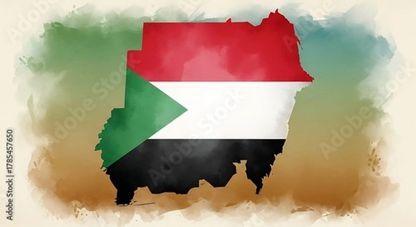 Fototapeta watercolor map of sudan with national flag colors, artistic illustration of african country.