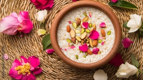 Fototapeta Traditional Pakistani kheer made with basmati rice and milk, garnished with sliced almonds, pistachios, and rose petals, served in a clay bowl on a woven mat.