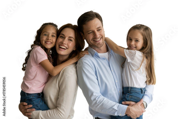 Fototapeta Happy family with two daughters isolated on transparent background