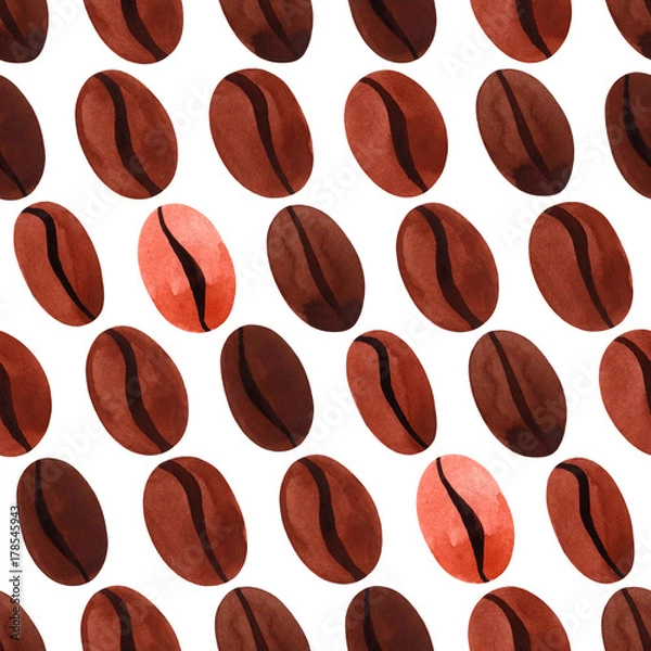 Obraz Watercolor coffee beans on white background. Seamless pattern.