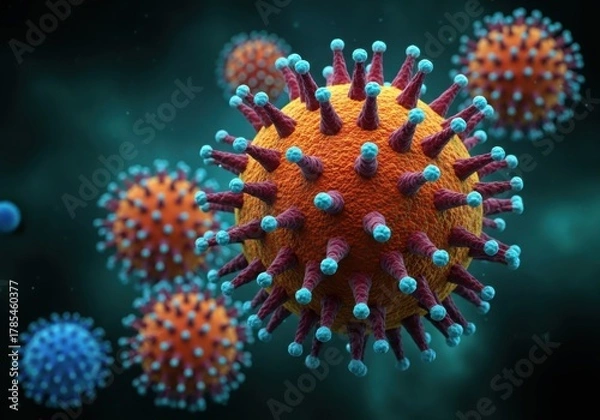 Fototapeta Microscopic view of coronavirus particles in vibrant colors