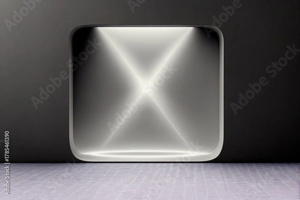 Fototapeta A modern, illuminated square niche with soft spotlights creating an X pattern, set against a dark wall and a textured floor.