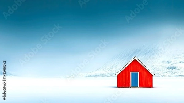 Fototapeta A small, bright red cabin with a blue door stands alone in a wide, snow-covered landscape with distant, snow-capped mountains under a clear blue sky.