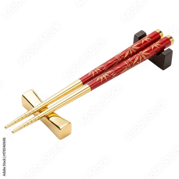 Fototapeta Pair of ornate red and gold chopsticks resting on a decorative golden chopstick rest isolated on transparent background