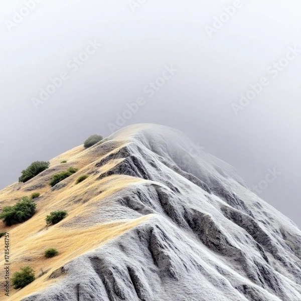 Obraz A stark mountain landscape features a sharp ridge partially covered in frost and dry golden grass, with scattered green bushes dotting the slopes under a muted,