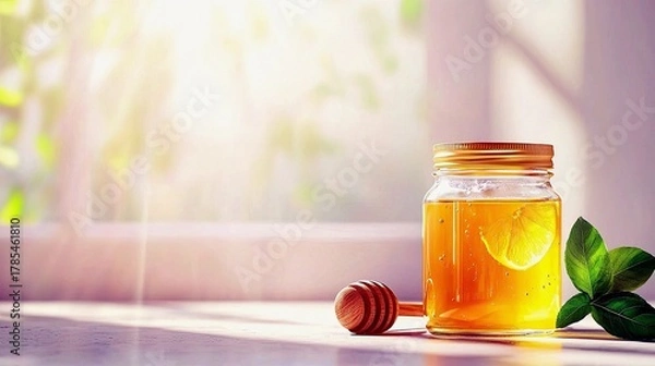 Fototapeta A glass jar filled with golden honey, a slice of lemon, and fresh green leaves sits on a surface with a honey dipper nearby, illuminated by warm sunlight.