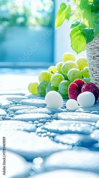 Fototapeta A close-up shot of fresh green grapes and red raspberries arranged on a textured stone surface, with green leaves and bright sunlight in the background.