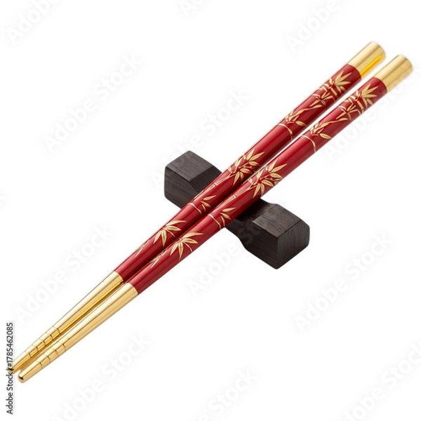 Fototapeta Elegant red and gold ornate chopsticks resting on a dark chopstick rest isolated on transparent background