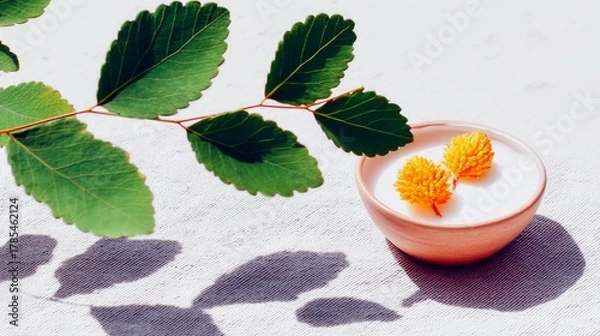 Fototapeta A sprig of green leaves rests beside a small pink bowl containing white liquid and two small orange flowers.