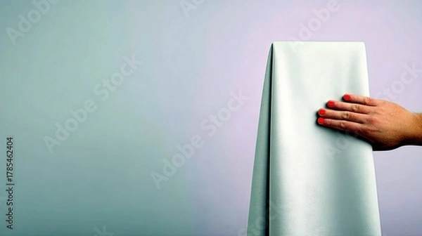 Fototapeta A hand with bright red nail polish gently touches a piece of light gray fabric draped vertically.