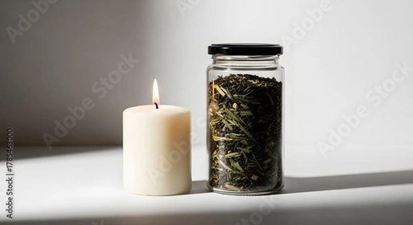 Obraz A lit candle and a glass jar filled with dried herbs placed on a white surface with a plain background