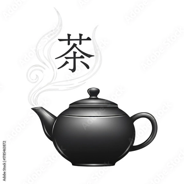 Fototapeta Elegant metallic teapot with stylized steam and chinese character for tea isolated on transparent background