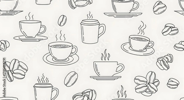 Obraz A seamless pattern of hand-drawn coffee cups and coffee beans, creating a cozy and inviting design suitable for cafes, kitchen decor, or food-related projects
