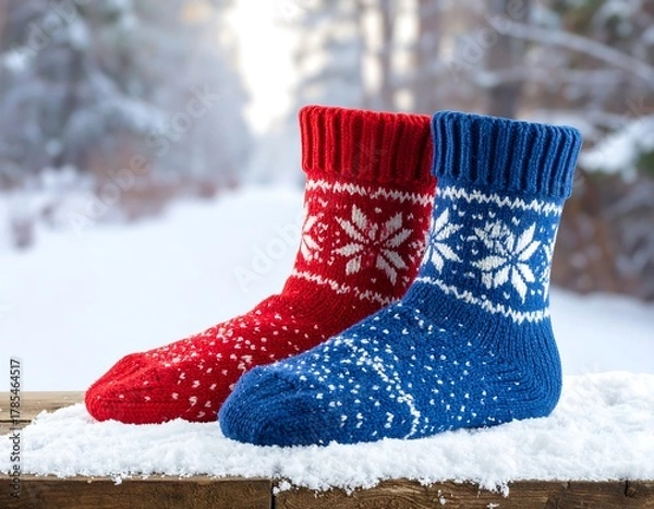 Obraz Two colorful knitted socks, red and blue, on a snowy wooden surface