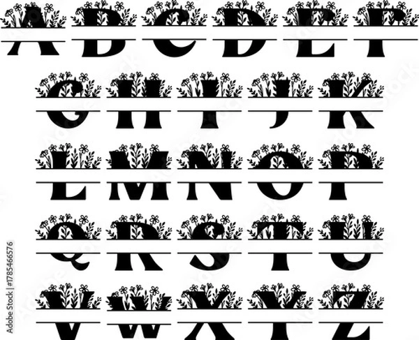 Fototapeta A-Z Wildflower Split Letter Monogram SVG, Alphabet Floral Name Monogram, Laser ready svg cut files, Glowforge Silhouette Cricut