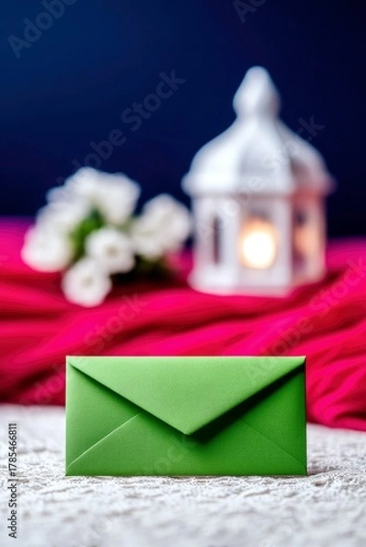 Fototapeta A green envelope is placed on a white lace surface, with a blurred background featuring white flowers, a lit lantern, and a vibrant pink fabric.