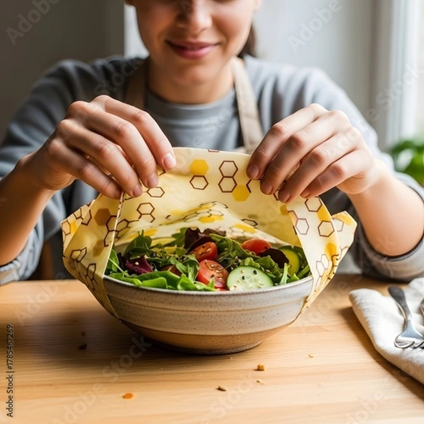 Obraz A person preparing a fresh vegetable salad in a rustic bowl, with hands gently holding the paper lining, in a cozy kitchen setting with natural light