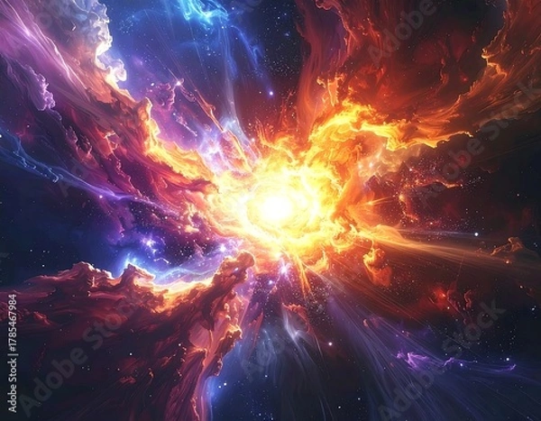 Fototapeta Vivid space nebula explosion, featuring vibrant colors and swirling clouds