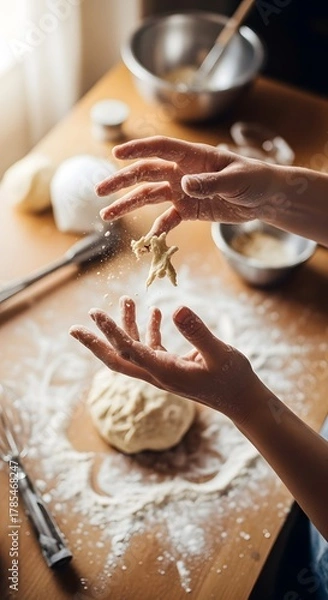 Obraz Close-up of hands preparing dough in a kitchen with baking tools and ingredients on a wooden surface for baking bread or pastries