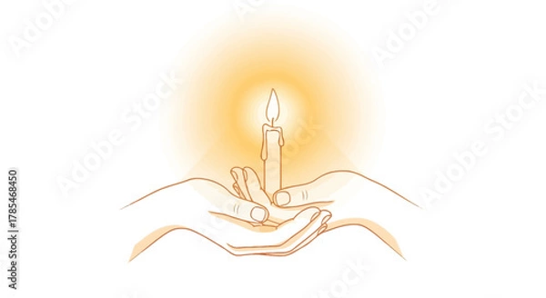 Fototapeta Cupped hands gently hold a single burning candle, its flame radiating a warm, hopeful light.