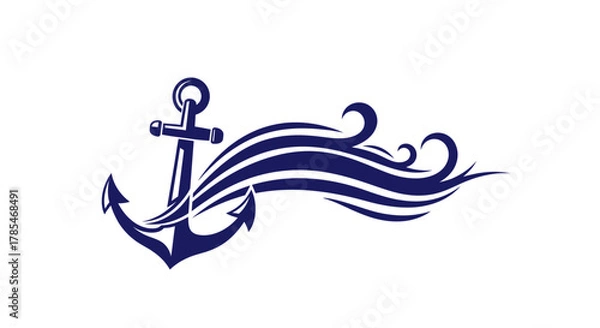 Fototapeta A dark blue nautical anchor symbol with stylized ocean waves flowing outwards on a white background.