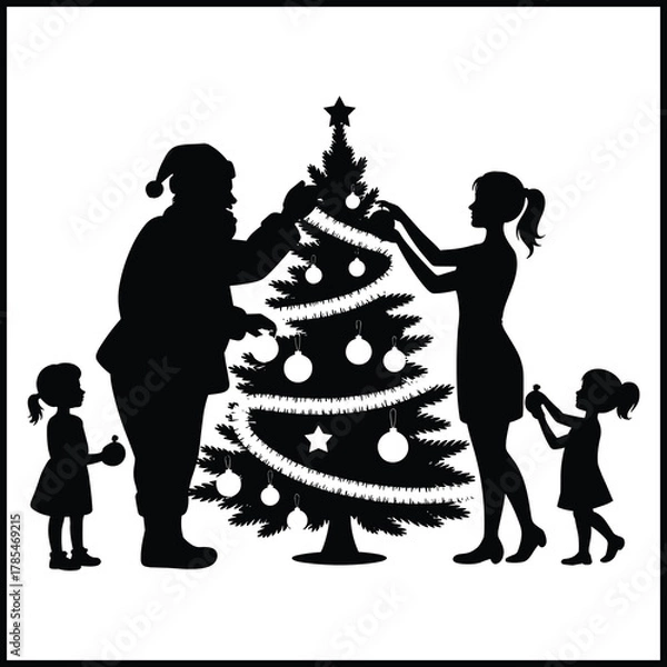 Obraz A black silhouette illustration depicting Santa Claus and a family decorating a Christmas tree