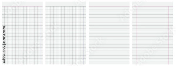 Fototapeta set of blank sheets of lined, grid, or graph paper for office, school notebook, and for sketching and writing on transparent background, vector illustration